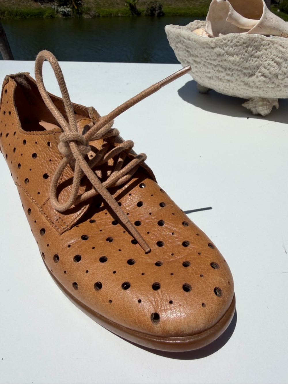 Born Women's Tan Perforated Leather Lace-Up Flats - Picture 9 of 12
